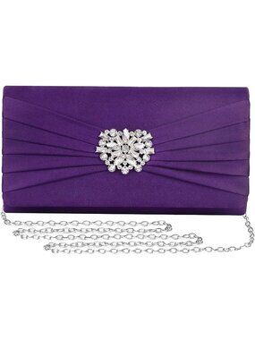 〽️Women's Purple Satin Brooch Rhinestone Clutch Detachable Chain Evening Bags